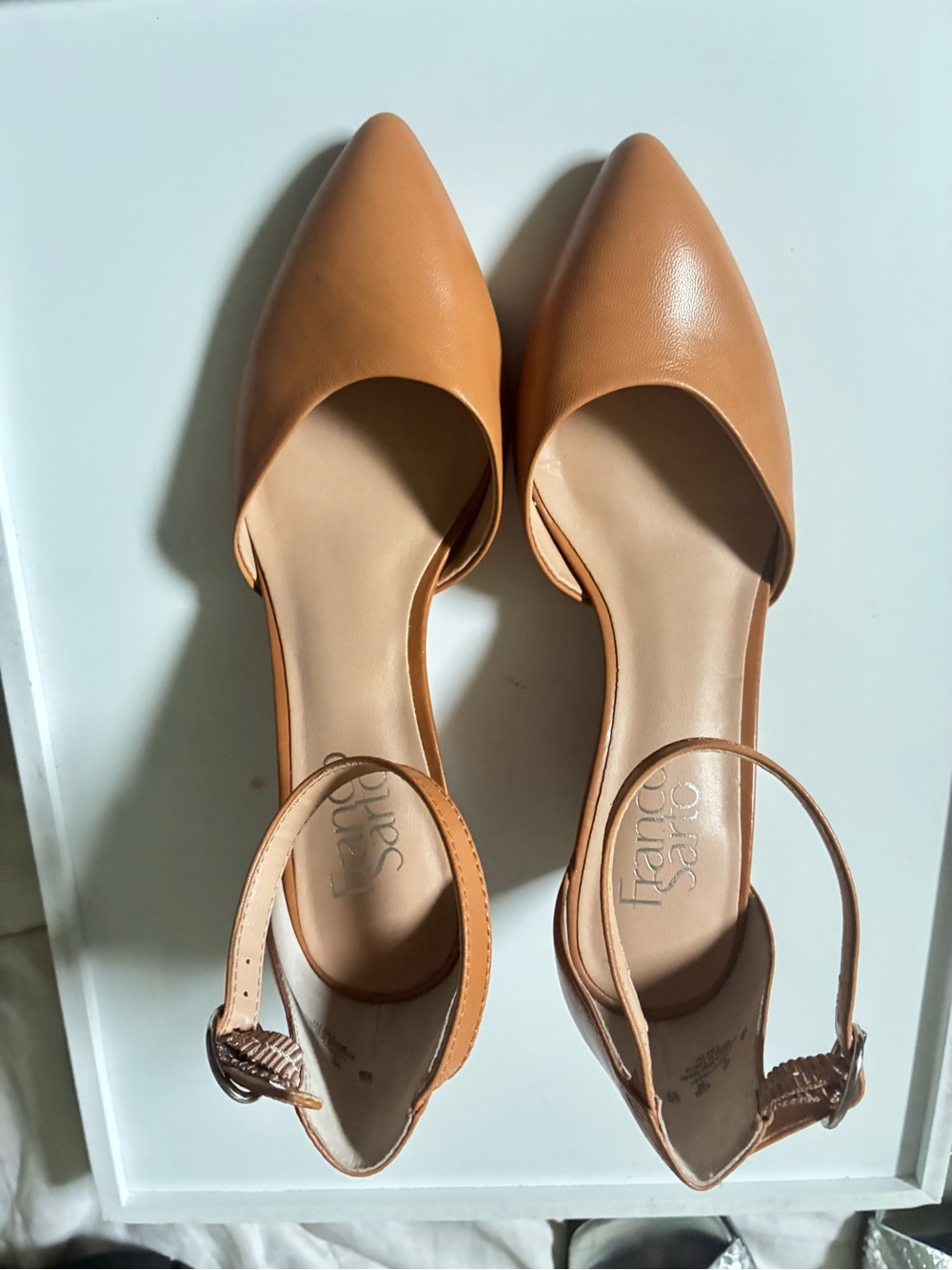Franco Sarto Camel/Tan Pointed D'Orsay Flats with Ankle Strap
